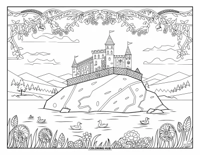 Coloriage de château pour adultes : Un château aux murs de pierre se trouve sur un rocher du lac, avec des canards flottant et des montagnes en arrière-plan