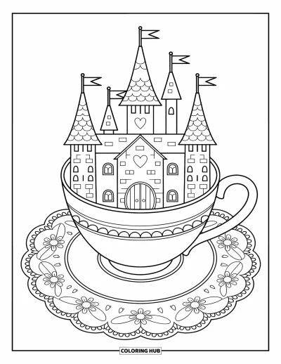 Coloriage de château pour adultes : Un minuscule château à drapeau en forme de cœur repose dans une tasse à thé au sommet d'un joli napperon à motifs floraux