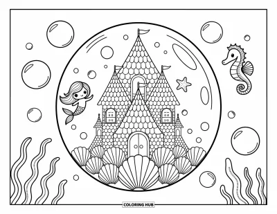 Coloriage de château pour adultes : Une minuscule sirène regarde depuis son château de bulles de coquillages, entourée de créatures marines enjouées