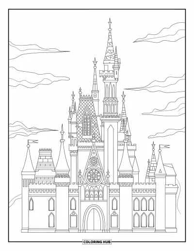 Coloriage de château pour adultes : Un château gothique imposant avec des vitraux touche le ciel doux et rempli de nuages