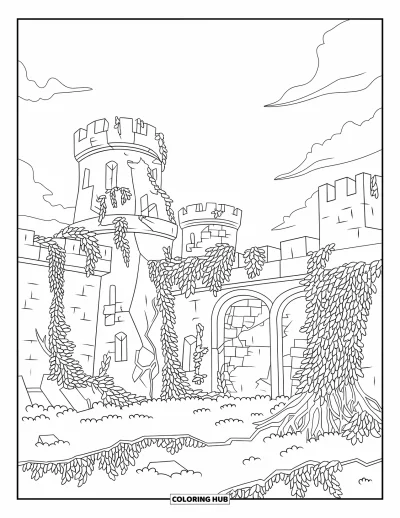 Coloriage de château pour adultes : Un château abandonné se dresse avec des murs fissurés, des racines emmêlées et des vignes grimpant sur chaque tour