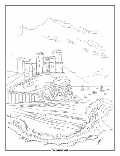Coloriage de château pour adultes : Des bateaux passent devant une falaise rocheuse où un château surplombe la mer agitée