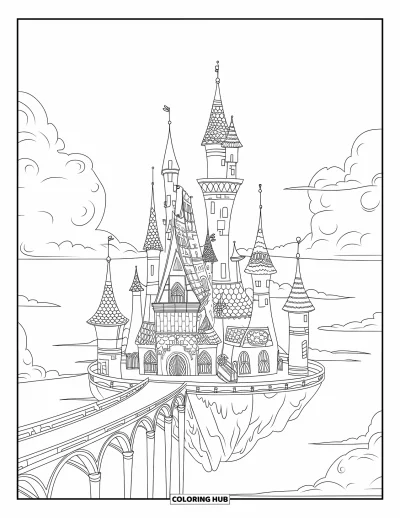 Coloriage de château pour adultes : Des ponts gracieux relient des tours vertigineuses dans une scène de château flottant de rêve