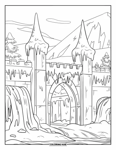 Coloriage de château pour adultes : Des glaçons pendent d'une forteresse enneigée avec des chutes gelées et des montagnes au loin