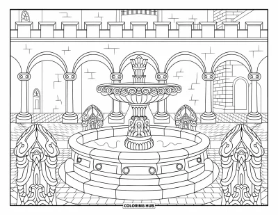 Coloriage de château pour adultes : Des statues et des arches complexes décorent une cour de château détaillée avec une haute fontaine centrale