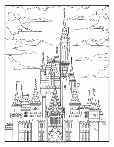 Coloriage de château pour adultes : Les vitraux et les hautes flèches définissent ce château gothique qui s'élève vers le ciel