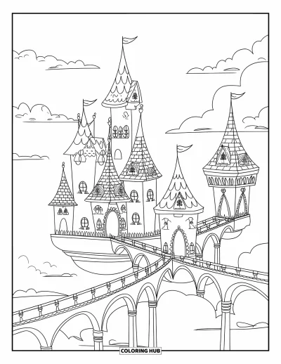 Coloriage de château pour adultes : Des tours et des arches composent un château flottant reposant doucement dans un ciel de nuages