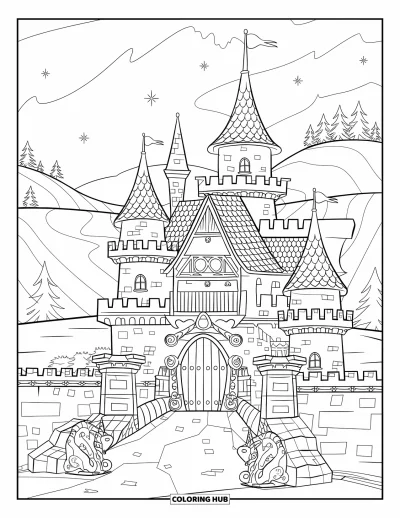 Coloriage de château pour adultes : Des tourelles et des tours en spirale couronnent un château fantastique avec des statues et une porte lumineuse