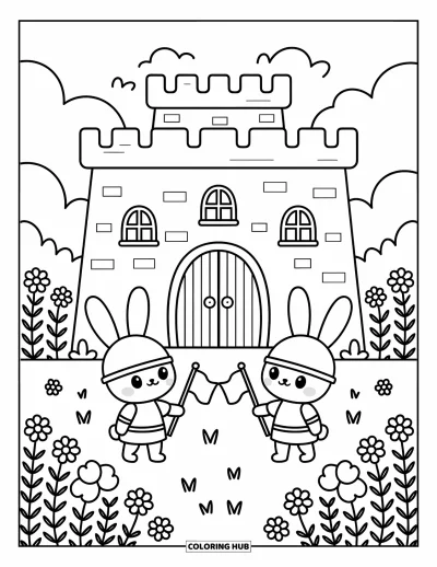 Coloriage de château pour adultes : Deux chevaliers lapins se tiennent fièrement devant un confortable château de prairie avec des fleurs tout autour