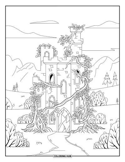 Coloriage de château pour adultes : Des vignes s'enroulent autour d'un château en ruine niché tranquillement dans une vallée de montagne