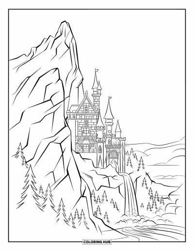 Coloriage de château pour enfants : Un château construit dans une montagne rocheuse se trouve à côté d'une cascade