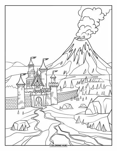 Coloriage de château pour enfants : Un château près d'un volcan se dresse au milieu de fissures ardentes et de roches fumantes