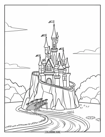 Coloriage de château pour enfants : Un château perché sur un rocher est relié à la terre par un petit pont en bois