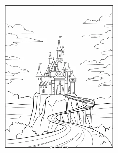Coloriage de château pour enfants : Un château se trouve en hauteur sur un rocher avec une rivière tourbillonnante en contrebas et un minuscule pont