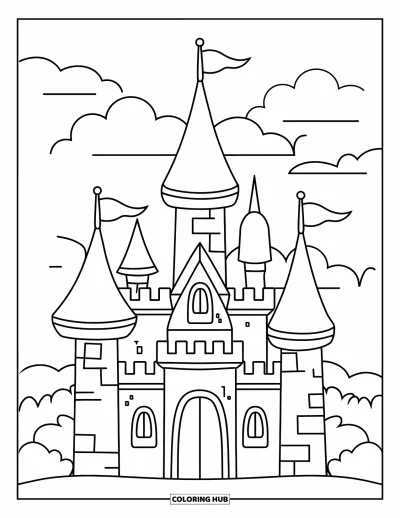 Coloriage de château pour enfants : Un château aux grandes tours et petits drapeaux repose sur des nuages dans un ciel serein