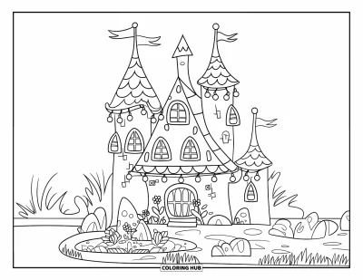 Coloriage de château pour enfants : Un château avec des guirlandes lumineuses et un jardin paisible brille de charme