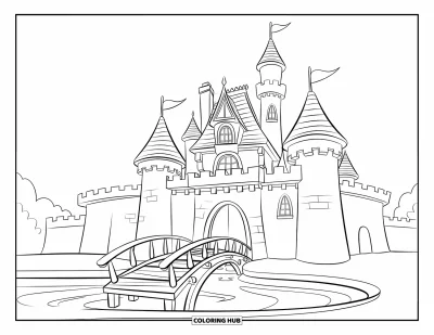 Coloriage de château pour enfants : Un château avec des tourelles en forme de cœur et un joli pont accueille les visiteurs sous un ciel ensoleillé