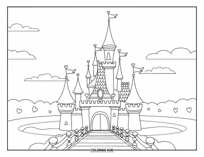 Coloriage de château pour enfants : Un château avec des cœurs et des douves rondes se dresse fièrement sous des nuages duveteux