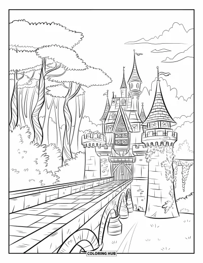 Coloriage de château pour enfants : Un château avec des murs de lierre et un long pont se dresse devant une forêt magique