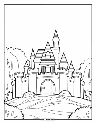 Coloriage de château pour enfants : Un château avec des murs carrés, une tour ronde et des arbres à proximité se trouve paisiblement sur une colline