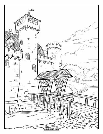 Coloriage de château pour enfants : Un château avec des tours et un pont-levis surveille les arbres et l'eau qui coule