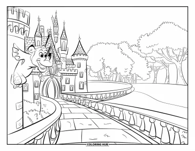 Coloriage de château pour enfants : Un château avec des tours et des lumières scintillantes jette un coup d'œil à travers les arbres et un chemin sinueux