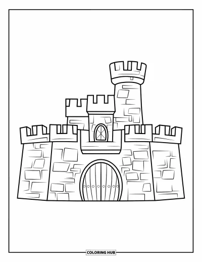 Coloriage de château pour enfants : Un château joyeux avec une tour ronde et une grande porte en bois se dresse, simple et majestueux