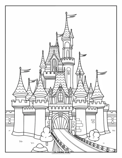 Coloriage de château pour enfants : Un château joyeux avec des fenêtres rondes et un grand pont est prêt pour le plaisir