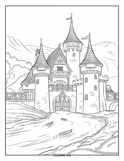 Coloriage de château pour enfants : Un château à tours trapues se dresse au bord d'une rivière calme avec des bateaux et des montagnes à proximité