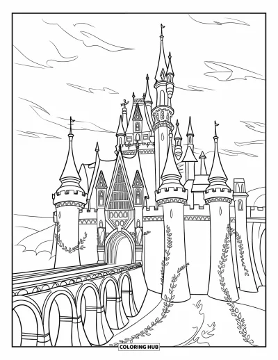 Coloriage de château pour enfants : Un château sombre avec du lierre tordu et des flèches imposantes se profile sous un ciel nuageux