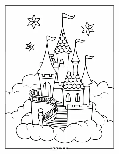 Coloriage de château pour enfants : Un château de rêve repose sur un nuage avec des étoiles scintillantes et un escalier incurvé
