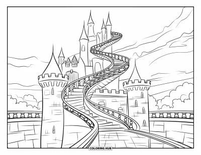 Coloriage de château pour enfants : Un château de rêve avec un escalier magique monte en spirale dans le ciel nuageux