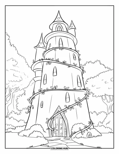 Coloriage de château pour enfants : Un château de fées domine le sol, enveloppé de vignes sinueuses et de secrets cachés