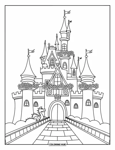 Coloriage de château pour enfants : Un château de conte de fées avec de hautes tours et un dragon vous accueille sur le chemin d'entrée