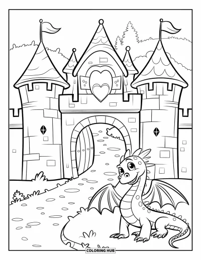 Coloriage de château pour enfants : Un château de conte de fées avec une fenêtre en cœur accueille avec un dragon souriant à proximité