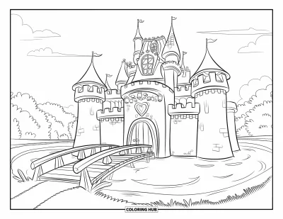 Coloriage de château pour enfants : Un château de conte de fées avec des tours en forme de cœur se trouve à côté de douves rondes et d'un pont en bois