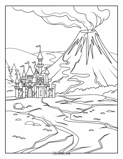 Coloriage de château pour enfants : Un volcan ardent se profile derrière un château avec des tours et un sol rempli de lave