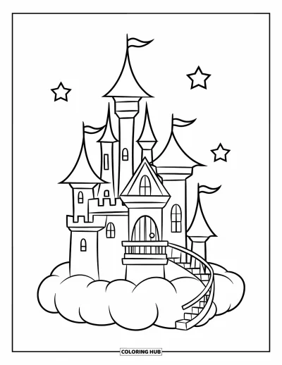 Coloriage de château pour enfants : Un château flottant brille sur un nuage sous un ciel parsemé de petites étoiles