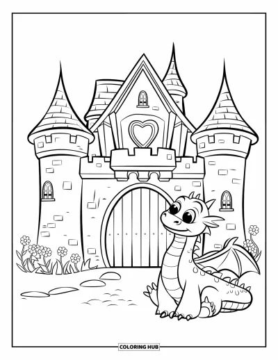 Coloriage de château pour enfants : Un dragon amical se repose près d'un château à fenêtre en forme de cœur entouré de fleurs