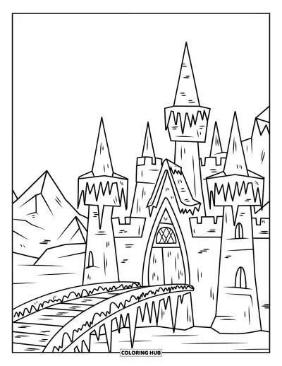 Coloriage de château pour enfants : Un château gelé avec des tours de glaçons et un pont glacé se trouve dans les montagnes
