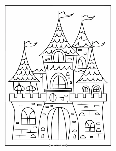 Coloriage de château pour enfants : Un château amusant avec des toits incurvés et de larges portes invite les jeunes imaginations à explorer