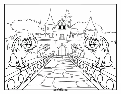 Coloriage de château pour enfants : Un château amusant avec des gargouilles et un chemin serpente à travers une forêt