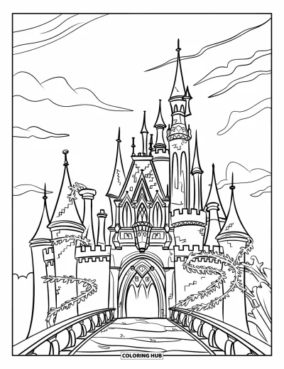 Coloriage de château pour enfants : Un château gothique avec de hautes flèches et du lierre accueille les visiteurs à travers un vieux pont