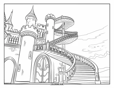 Coloriage de château pour enfants : Un grand château avec des tours et un escalier en colimaçon atteint le ciel