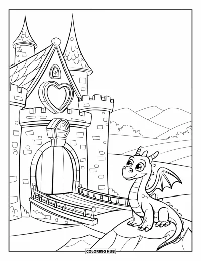 Coloriage de château pour enfants : Un joyeux dragon est assis près d'un château à fenêtre en forme de cœur avec des collines ondulantes au loin