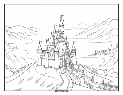 Coloriage de château pour enfants : Un château au sommet d'une colline surplombe un vaste royaume de montagnes, d'arbres et de chemins sinueux
