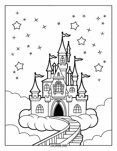Coloriage de château pour enfants : Un château magique flotte sur un nuage, avec des escaliers menant à un ciel rempli d'étoiles