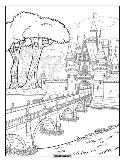 Coloriage de château pour enfants : Un château magique se trouve près de douves avec une forêt d'arbres tordus derrière lui