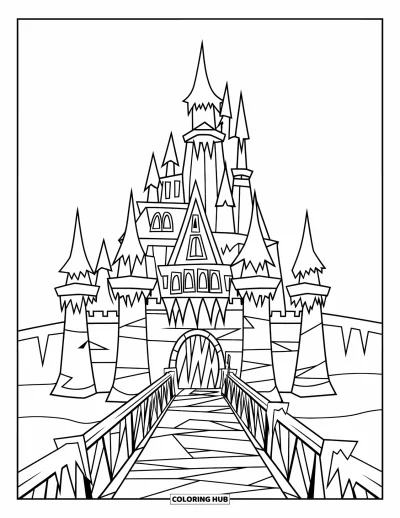 Coloriage de château pour enfants : Un château de glace magique se dresse, grand, avec des tours glacées et un pont gelé