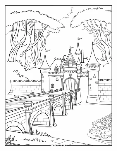 Coloriage de château pour enfants : Un château majestueux et une forêt sont reliés par un pont de pierre au-dessus de douves profondes